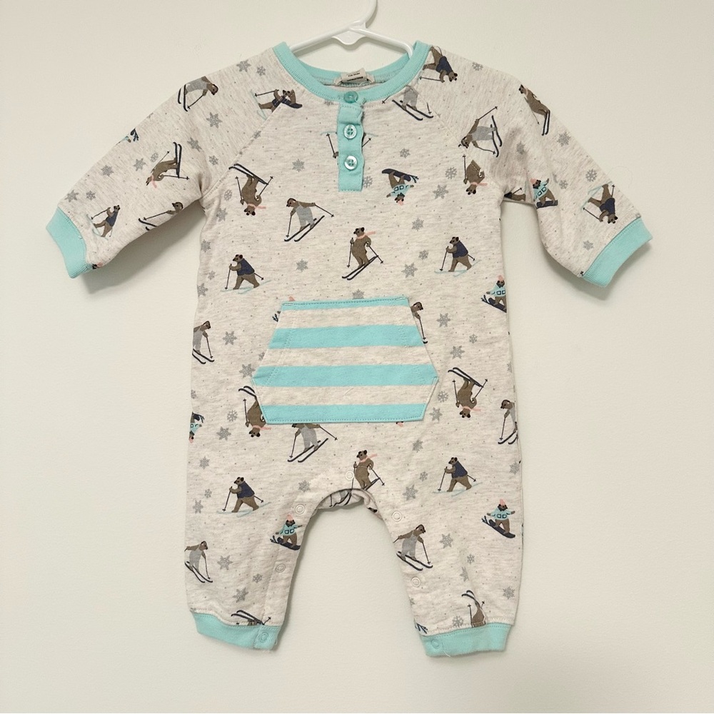 Peek Baby Boy Ski Bear Print Henley Romper  NEW NWT Long Sleeve Size 3-6 Months